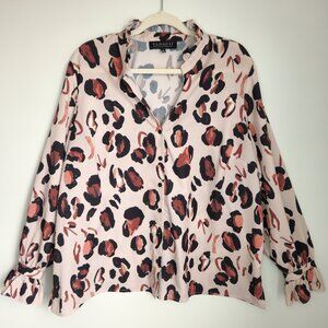 Eloquii Size 18 Cheetah Printed Blush Long Sleeve Button Down Shirt Ruffle Neck